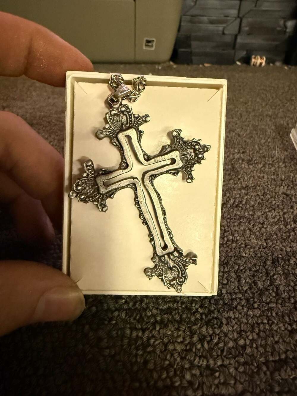 Vintage Ornate Pewter Cross Pendant Necklace